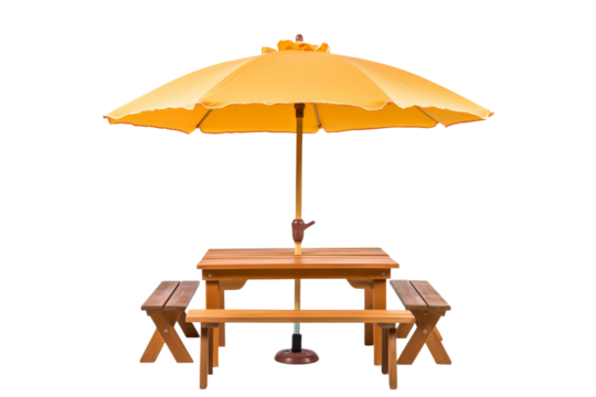 Sunshine Haven: A Picnic Table Under a Yellow Umbrella on a White or Clear Surface PNG Transparent Background.