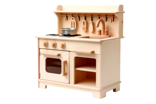 Miniature Culinary Magic: Wooden Toy Stove With Pot and Pan on a White or Clear Surface PNG Transparent Background.