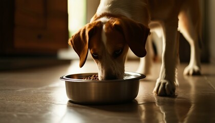 A brown and white dog is seen in the image, eating out of a water dish on the floor. The dog looks content as he consumes his food.