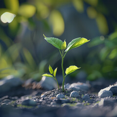 Young plant sprouting amidst rocks with sunlight filtering through leaves.