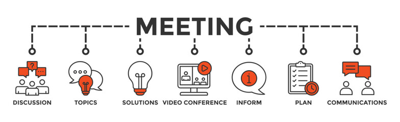 Meeting banner web icon illustration concept business meeting and discussion with communications, topics, solutions, plan, inform and video conference icon