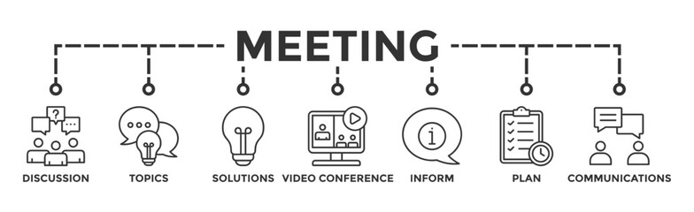 Meeting banner web icon illustration concept business meeting and discussion with communications, topics, solutions, plan, inform and video conference icon