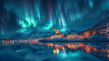 Village, aurora borealis in the sky, sea, short exposure photography, vibrant colors, beautiful. High Quality, Hyper Detailed