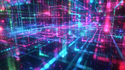 Obraz premium Digitized Dreamscape Flowing Grid of Neon Light