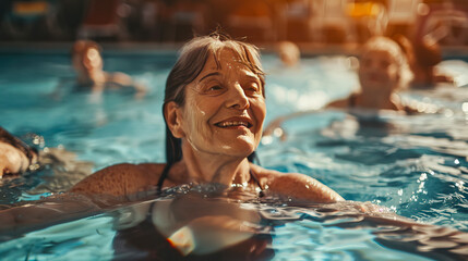 Active mature women doing water gymnastics in the swimming pool, healthy lifestyle concept for pensioners, elderly people