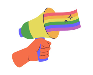 Hand holding Megaphone with rainbow LGBTQ flag. Vector icon