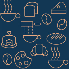 Hand drawn illustration of Bakery and Coffee. Pattern. Abstract geometric line background. Gold luxury. Pattern for cover design, food package, menu, background, café wall, coffee shop, web banner