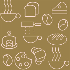 Hand drawn illustration of Bakery and Coffee. Icons. Abstract geometric line background. Gold luxury. Pattern for cover design, food package, menu, background, café wall, coffee shop, web banner