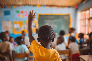 African children at school putting hands up