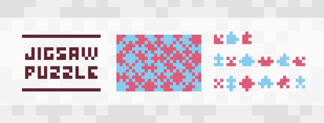 ドット絵のかわいいジグソーパズル　お洒落な背景装飾イラストセット　ピース　ピクセル　おもちゃ　遊び　合体
