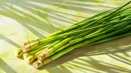 Obraz premium Fresh green lemongrass stalks arranged on a light background, highlighting their freshness and vibrant color.