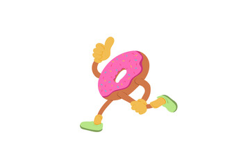 Cute donut character with arms, legs and hands giving a thumbs up with strawberry topping