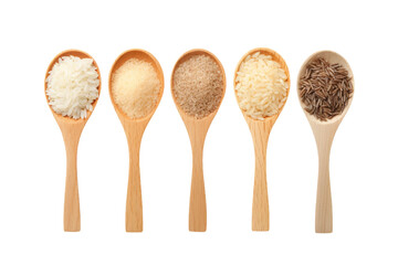 A Symphony of Grains: Five Wooden Spoons Showcasing a Variety of Rice on a White or Clear Surface PNG Transparent Background.