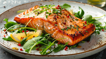 Grilled Salmon Fillet with Fresh Salad on a Dark Plate