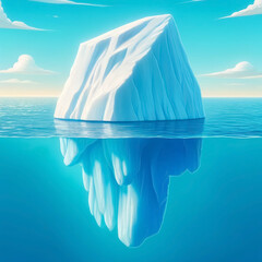 Large iceberg floating in the ocean, revealing its submerged portion. for environmental education, climate change visuals, and awareness campaigns. Minimalistic, clean cartoon illustration.