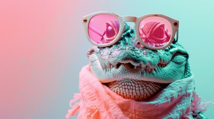 A cool alligator wearing sunglasses and a scarf.