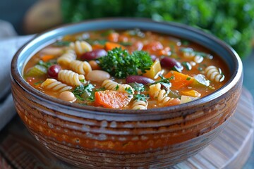 Minestrone Soup: A bowl of vegetable-rich minestrone soup with visible chunks of vegetables, beans, and pasta, in a hearty broth.