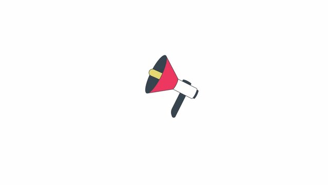 Loud sounds from megaphone line 2D object animation. Information announcement flat color cartoon 4K video, alpha channel. Attracting attention with loudspeaker animated item on white background