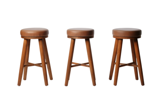 Trio of Rustic Wooden Stools on a White or Clear Surface PNG Transparent Background.
