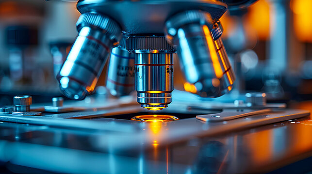 Close-up image of a blue microscope in a laboratory, symbolizing scientific research, innovation, and medical discoveries at high-scale magnification