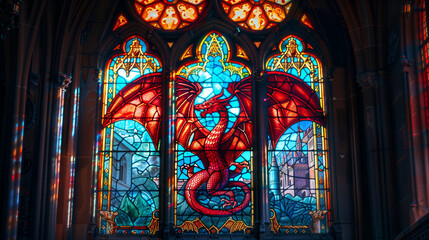red dragon with extended wings inside a cathedral's stained glass windows, with colored painted glass, and a castle in the background. Epic medieval fantasy tale with mythological animal.