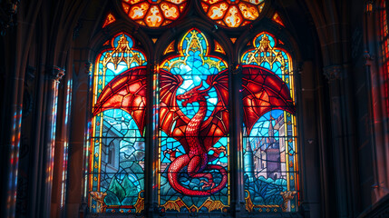 Fototapeta premium red dragon with extended wings inside a cathedral's stained glass windows, with colored painted glass, and a castle in the background. Epic medieval fantasy tale with mythological animal.
