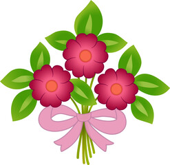 Bouquet of three red flowers and pink ribbon. Spring red flowers and green leaves. Bright summer bouquet design element. Floral ornament. Holiday design of flowers. Printable home decor