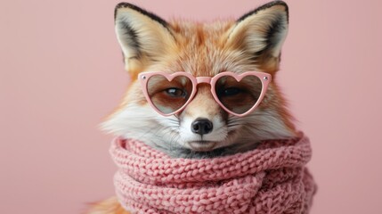 A cute fox wearing heart-shaped glasses and a pink scarf is looking at the camera.