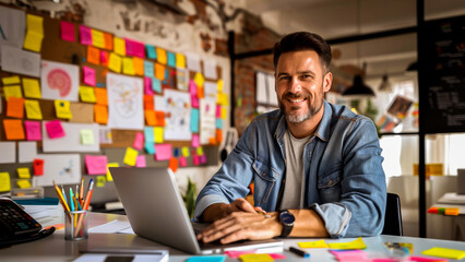 Professional business person working at a modern office, surrounded by colorful sticky notes, with a laptop on the desk.