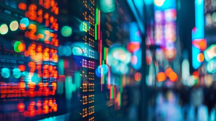 A photograph of a digital screen, displaying rapidly changing stock market prices, abstract blur effect, vibrant green and red numbers. Background is a futuristic cityscape with neon lights. Cool