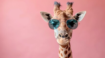 A giraffe wearing sunglasses. The background is pink.