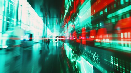 Fototapeta premium A stylized photograph of a digital screen, rapidly changing stock market prices, abstract blur, sharp contrasts of green and red. Background is a minimalist modern office, sleek design elements. Cool