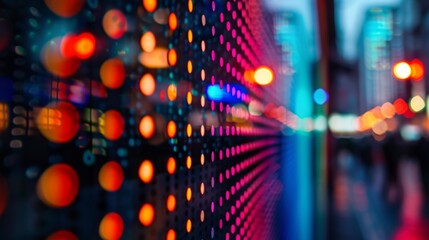 Obraz premium Abstract blur of a digital screen displaying rapidly changing stock market prices, symbolizing online trading and e-commerce analytics, vibrant colors and dynamic movement, dark background to