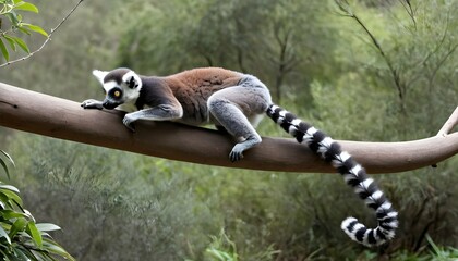 Naklejka premium A Lemur With Its Tail Hanging Down Using It To He