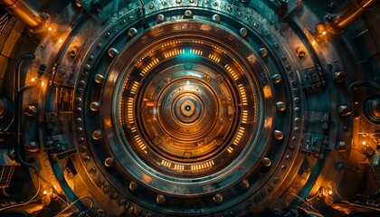 Fototapeta premium Banking Security Fortress, fortress-like bank vault guarded by advanced security measures like biometric scanners and surveillance drones, 