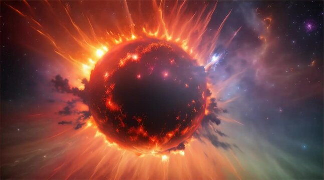 dramatic 4K animation of fiery planet exploding, with debris and energy radiating outwards into cosmos