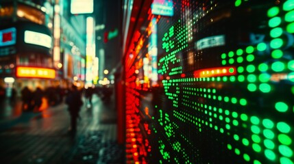 Naklejka premium An abstract image of a digital screen, stock market prices in constant motion, intense blur, bright green and red numbers. Background is a cyberpunk-themed city with digital billboards. Dark tones