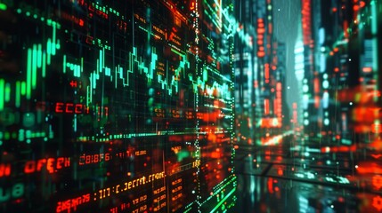 An abstract image of a digital screen, stock market prices in constant motion, intense blur, bright green and red numbers. Background is a cyberpunk-themed city with digital billboards. Dark tones