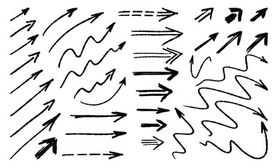 Thirty-eight handwritten arrows - straight and curved. Doodles and squiggles. Vector set