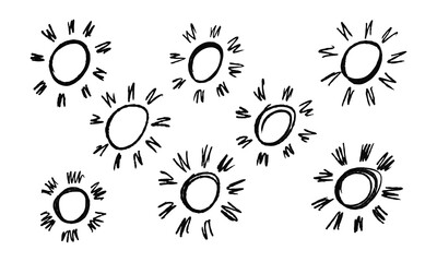 Eight handwritten suns. Imitation of a pencil drawing. Doodles and squiggles. Vector set.