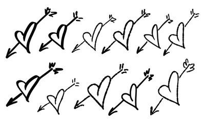 Eleven handwritten hearts pierced by an arrow. Doodles and squiggles. Vector set