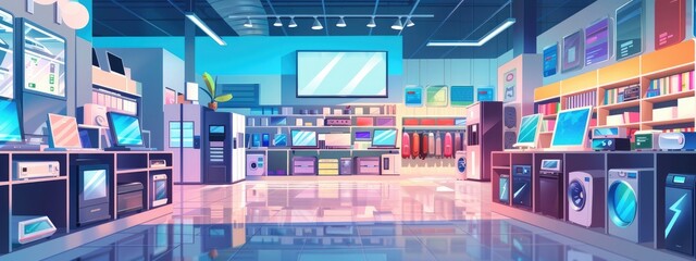 The interior of an electronics and home appliance store. Televisions and monitors.