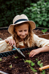 Girl taking care of small vegetable plants in raised bed, holding small shovel. Childhood outdoors in garden.
