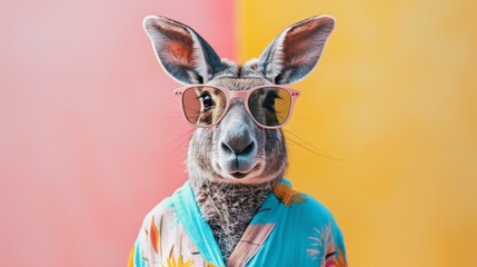 A kangaroo wearing sunglasses and a hawaiian shirt is standing in front of a pink and yellow background
