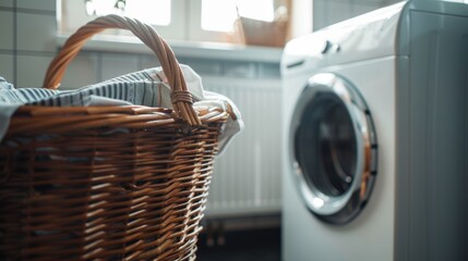Serene home laundry setup with a focus on a wicker basket full of soft towels in front of a busy washing machine