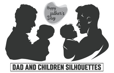 Happy Father's Day, Father with son Silhouette. Vector silhouette isolated on white background, illustration for Father's Day, my dad my hero.