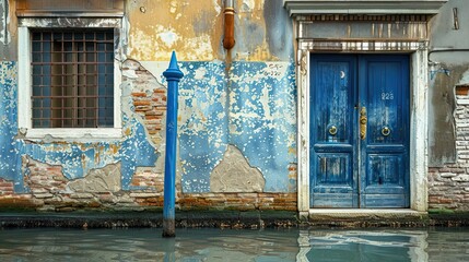 Worn blue Venetian door on the bank of the canal with brass door knocker, pole to moor the gondolas alongside, ancient wall of a luxury building