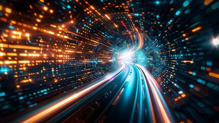 Obraz premium Hypersonic Highway, A Glowing Vortex of Data Represents Unparalleled Speed Abstract background