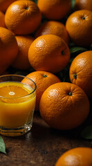 A glass of freshly squeezed orange juice with oranges around.