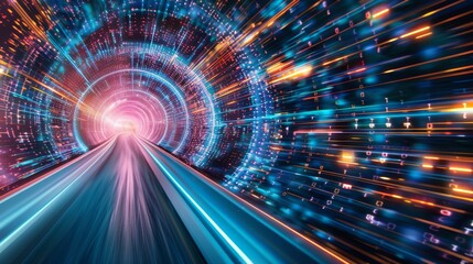 Obraz premium Hypersonic Highway, A Glowing Vortex of Data Represents Unparalleled Speed Abstract background